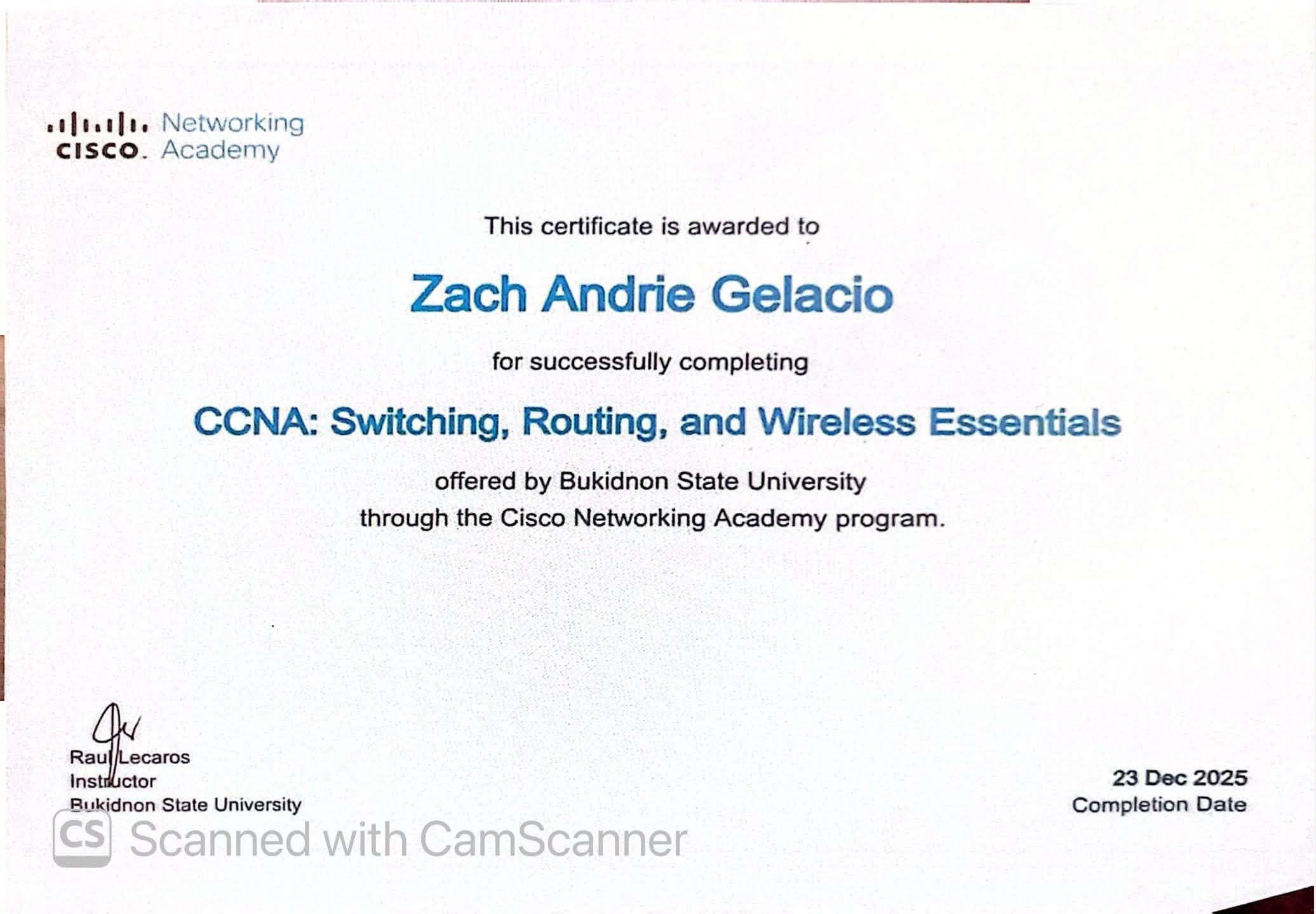 CCNA Switching, Routing, and Wireless Essentials certificate